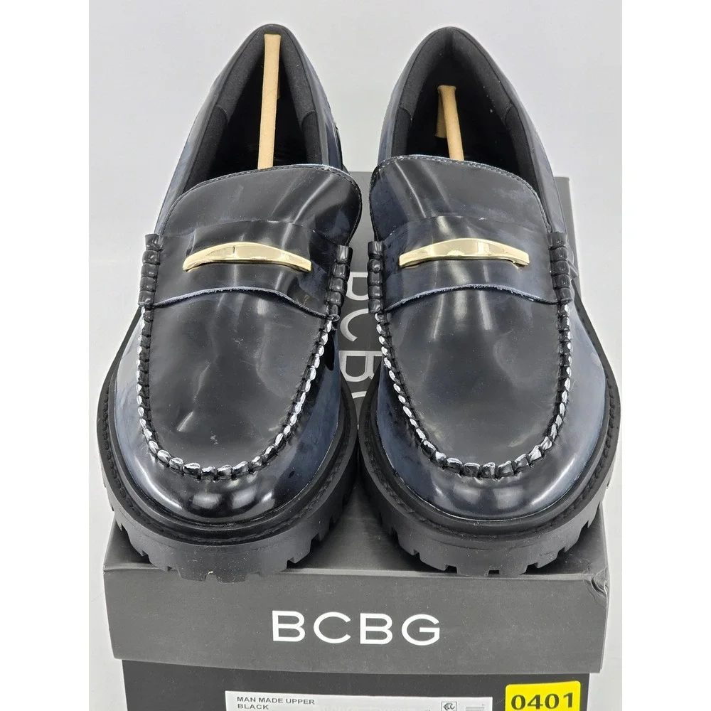 BCBG Laney Loafers Womens Size 9.5 Black Lug Sole Gold Hardware - New